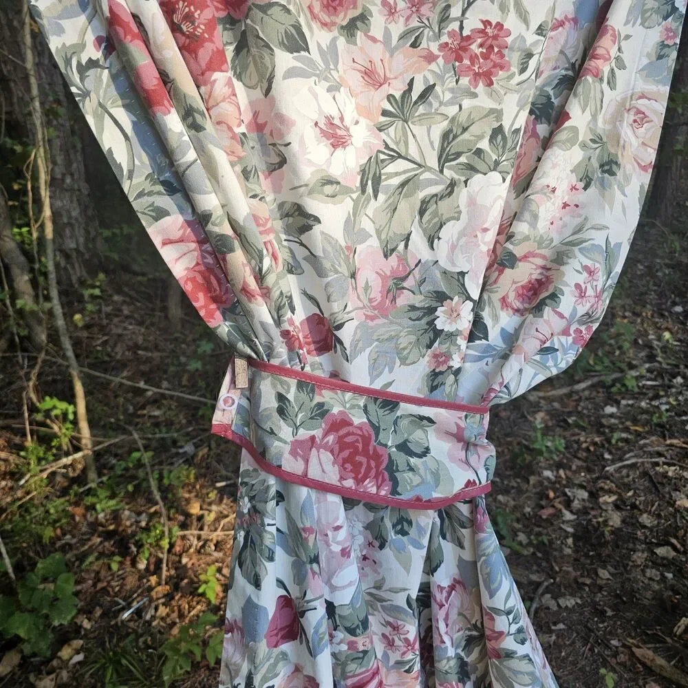 Vintage Rose Curtains Pink Red Floral Cottagecore Drapes Lined Panels Tiebacks